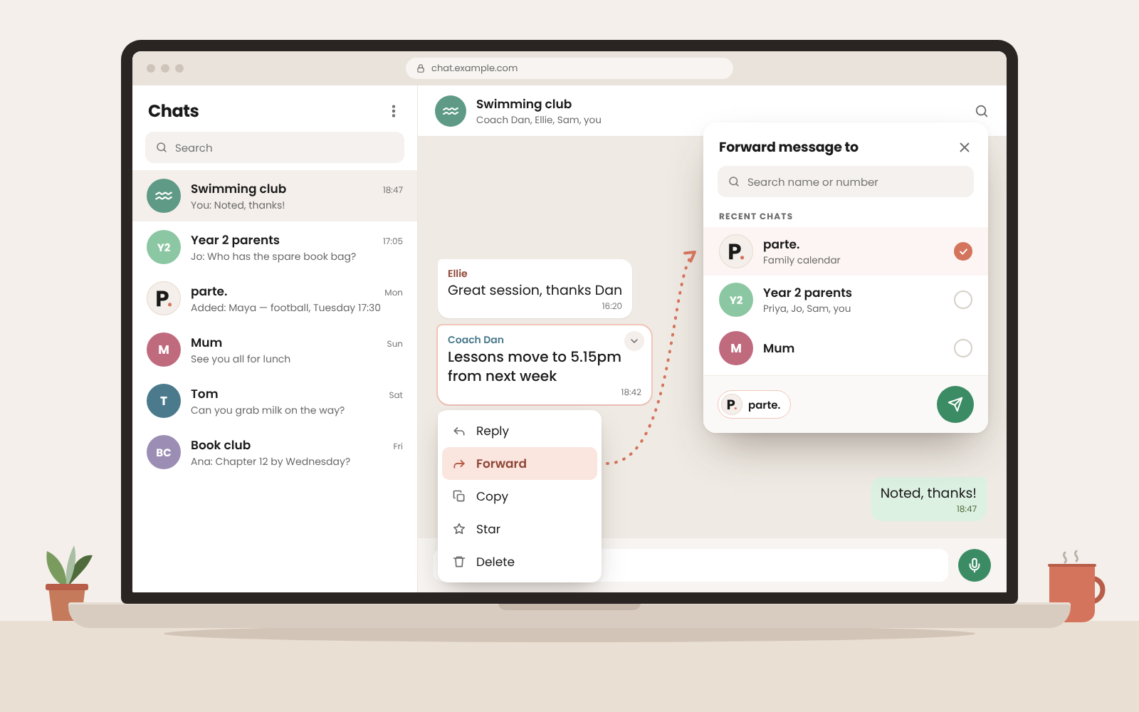 WhatsApp in a laptop browser: a swimming club message saying lessons move to 5.15pm, with Forward chosen from the message menu and parte. picked as the contact to forward to
